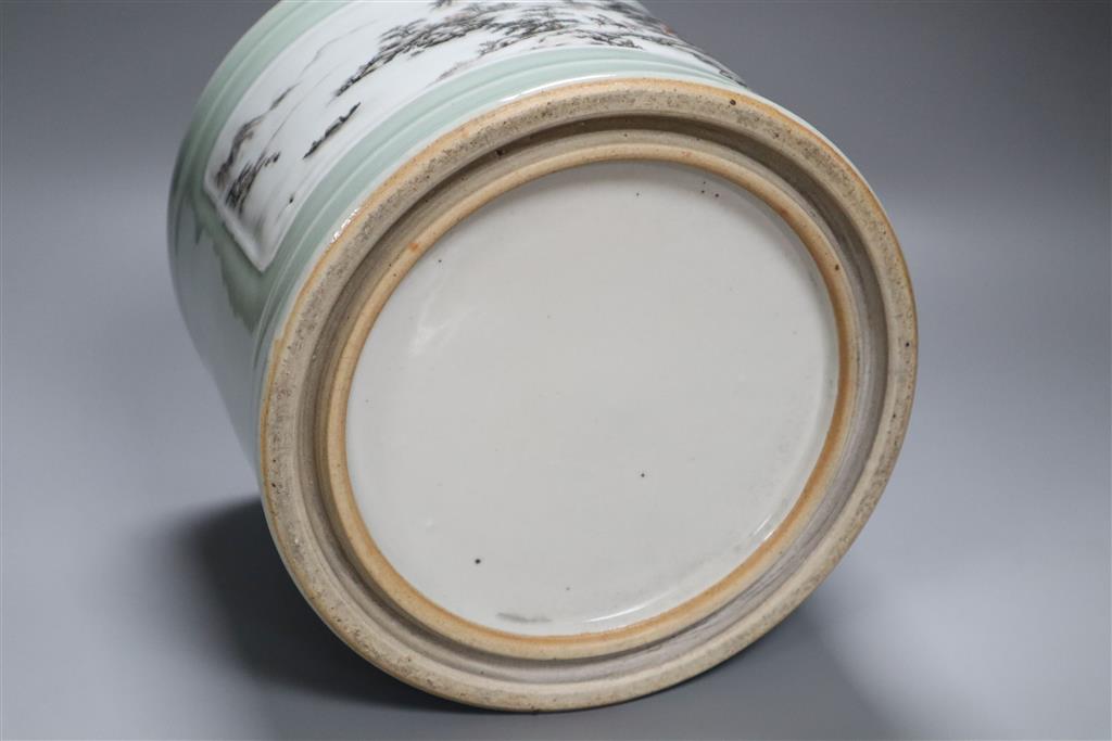 A large Chinese cylindrical celadon glazed brush pot, 18cm high